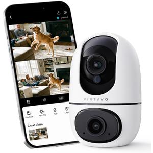 VIRTAVO XD1 Indoor Security WiFi Camera, No Subscription Required, Dual-Lens 360 PTZ Baby Monitor & Pet Cam, Motion Tracking, 2-Way Audio, Night Vision,Optional Cloud/SD Storage, Phone App, Wired