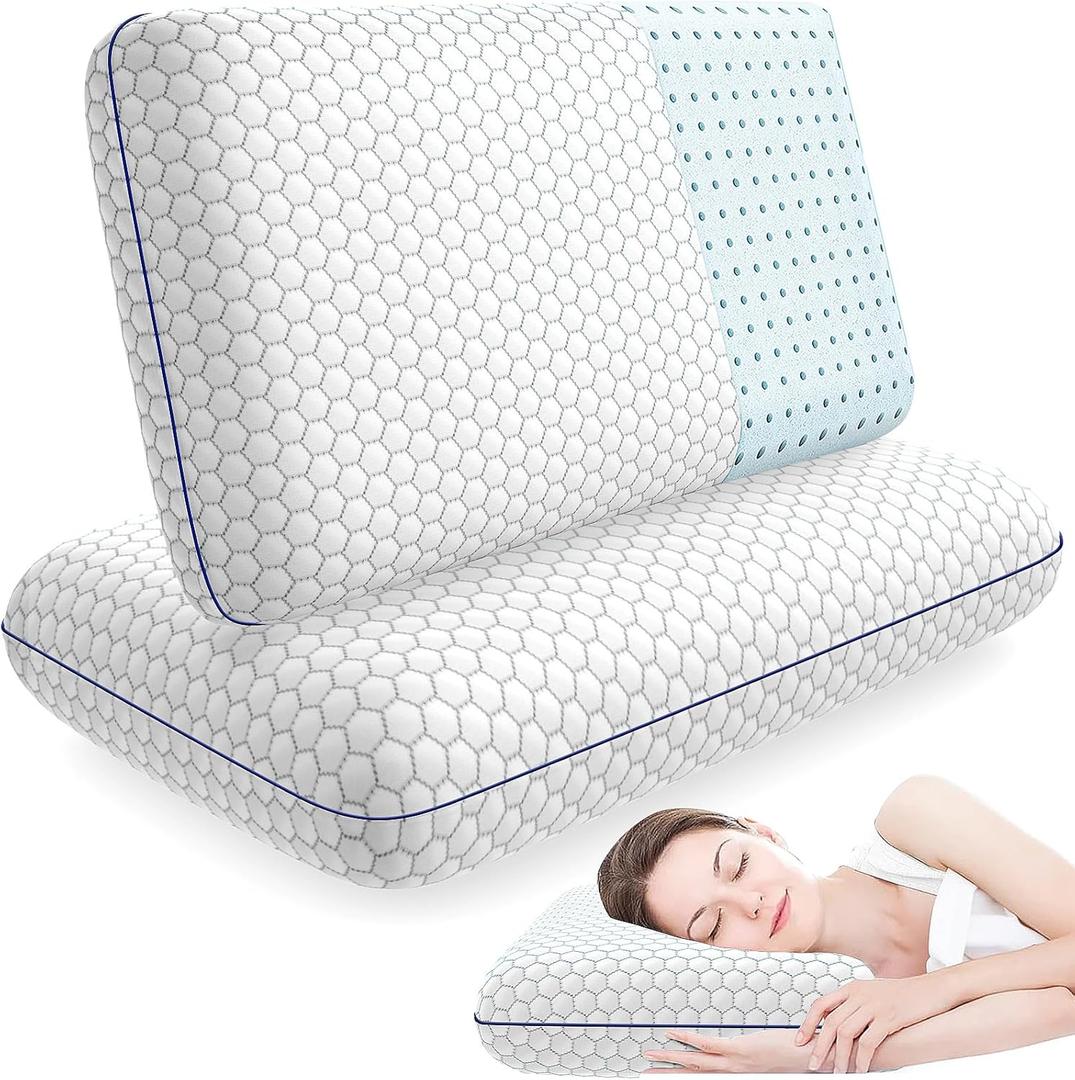 Memory Foam Pillows for Side, Back and Stomach Sleepers, Set of 2, Bed Pillow with Washable Cover and Breathable Mesh, Bed Pillow for Sleeping (GreyStandard Size)