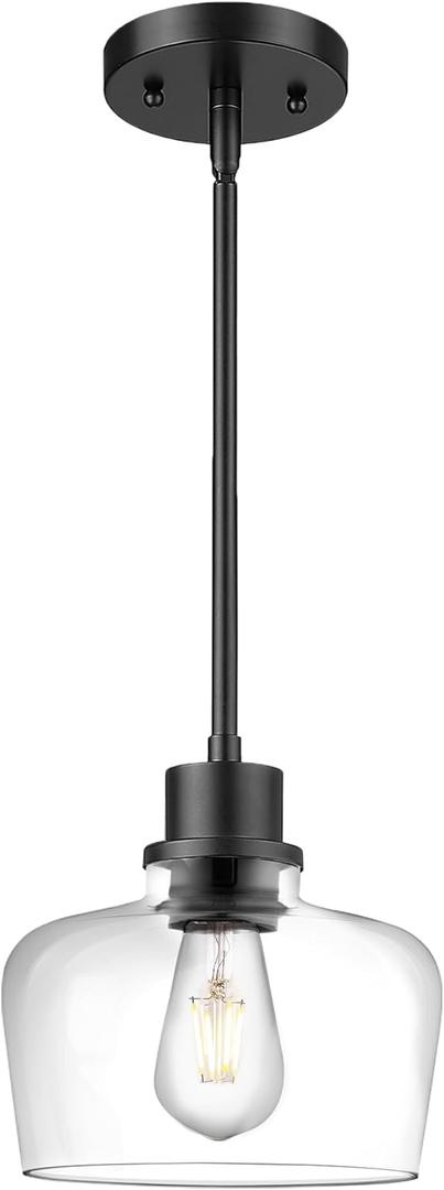 Emak Modern Black Pendant Lights, 8 Inch Kitchen Pendant Lighting Over Island with Clear Glass Shade, Farmhouse Hanging Lights for Kitchen, Bathroom, Bedroom, Dining Room, PL122-BK-CG