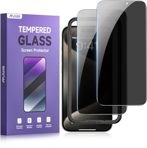 ruwa Privacy Screen Protector for iPhone 15 Pro Max[6.7 Inch][2-Pack] Anti-Peep Tempered Glass Film with Easy Installation Frame, 9H Hardness, Scratch Resistant, Case Friendly