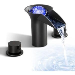 LED Bathroom Faucets 3 Hole Waterfall Bathroom Sink Faucet, 8 inch Widespread Modern Vanity Faucet with Light, 2 Handle Bathroom Faucet & Parts, Matte Black