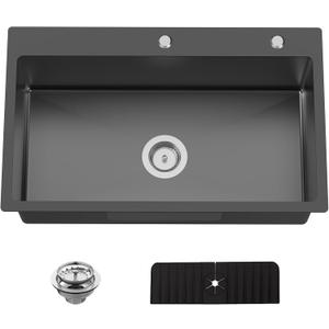 Black 30x18 In Drop In Kitchen Sink-Stainless Steel Topmount Modern Single Bowl Kitchen Sink Come With Silicon Mat,Drain Strainer Set Offer Large Basin And Compatibility With Various Kitchen&Bar Style, 30X18X9 Inches