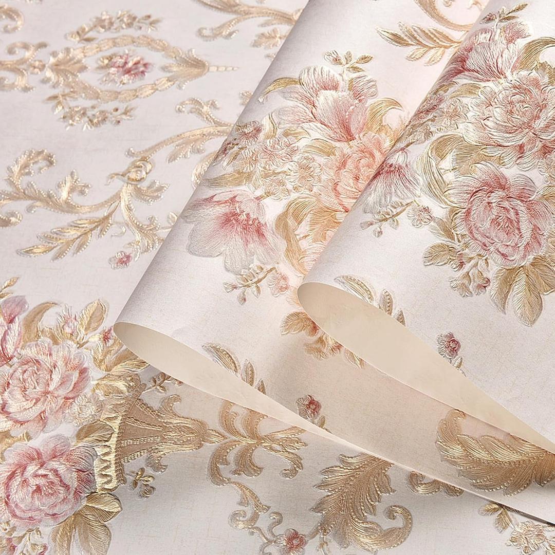 3D Embossed Floral Peel and Stick Wallpaper Vintage Colorful Rustic Flower Damask Wall Paper Self Adhesive Decorative Wall Paper for Bedroom Pink 20.8" x 118"