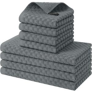 Homaxy 100% Cotton Kitchen Towels and Dishcloths Set, 12 x 12 & 15 x 25 Inches, Set of 8 Bulk Terry Cloth Dish Towels, Super Soft and Absorbent Hand Towel with Hanging Loop, Dark Grey