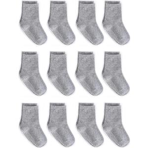 ZAPLES Baby Non Slip Grip Crew Socks with Anti Skid Soles for Infants Toddlers Kids Boys Girls, Gray, 8-10 Years