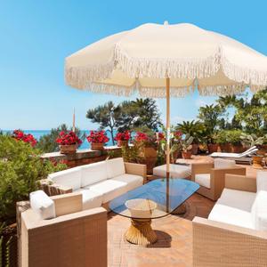 6.5ft Outdoor Holiday Umbrella Beige Patio Umbrellas Shade Boho Fringe Umbrella Beach UPF50+ Portable Tassels Umbrella With Carry Bag Tilt Beach Umbrellas For Sand Table Umbrella Windproof/8 Ribs