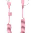 Coiled USB-C and Lightning Cable 2-in-1, 3FT iPhone 15 16 Car Charger Cord, 60W Fast Charging Cable for iPhone 16, Samsung Galaxy Supports Apple CarPlay & Android Auto (Pink)