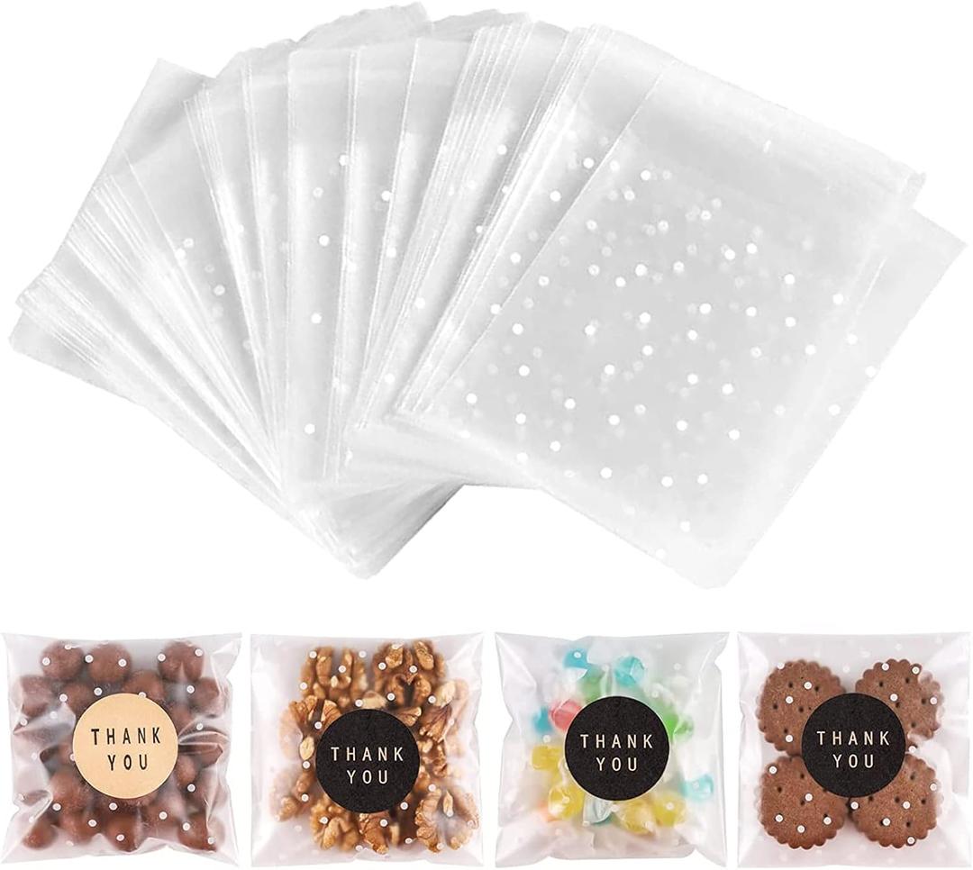 NPLUX 100 Pack 4x4 Cookie Bags with Thank You Stickers, Self Sealing Cellophane Bags for Cookies, Treat Bags for Candy, Clear Gift Bags for Party Favors, Bake Sale and Cookie Packaging
