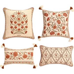 ISAENNE Design Linen Square Rectangle Vintage Throw Pillow Covers Set of 4, Red Euro Cushion Covers with Orange Floral Green Leaves Pattern Decor Pillowcases for Bed,Living Room,Outdoor,Car (18" x 18" (Pack of 4))