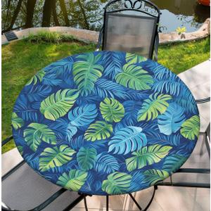 Round Fitted Tablecloth with Elastic Edged, Fall Tablecover Leaves, Waterproof Wipeable Round Table Cover for Party, 54"-58", 60Inch (F-palm Tree)