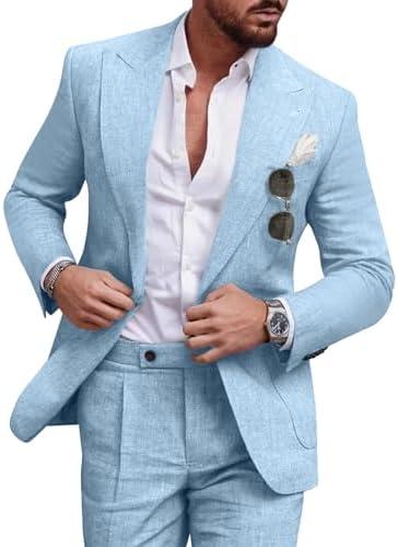 Diaryan Linen Men Suit Set Casual Tuxedo 2 Piece Regular Fit Blazer One Button Solid Jacket and Pants for Prom Wedding Party, XL Size