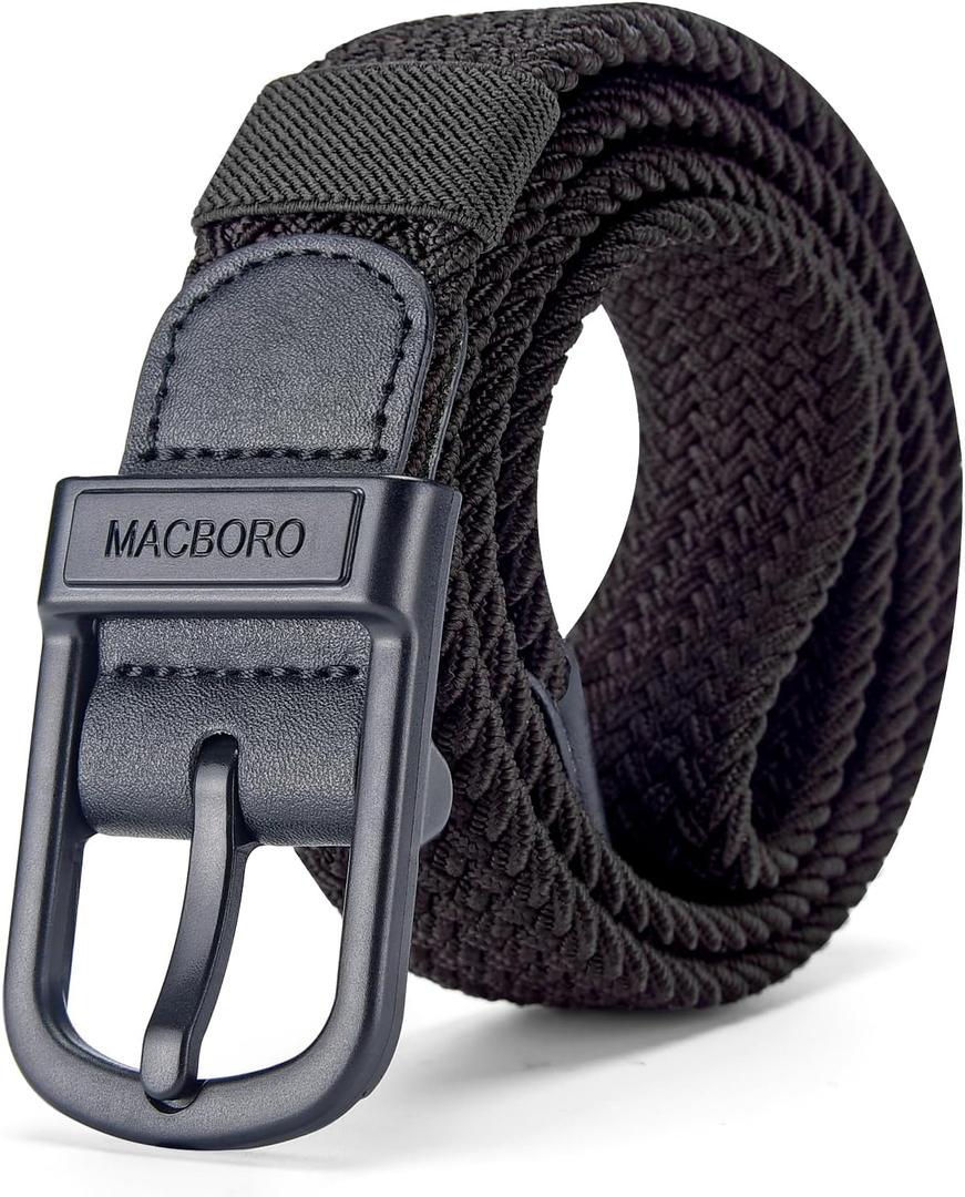 MACBORO Tsa Approved Hypoallergenic Nickel Free Non Metal Belt for Men Elastic Stretch Braided Golf Accessories Belt 1.38" (XL-Size 42Length 48"/120cm, Black)
