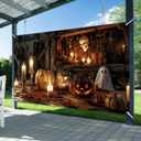 Halloween Banner 71x43 Inch Rustic Pumpkin Backdrop Banner with Candles and Ghost Scene Trick or Treat Sign for Indoor Wall or Porch Halloween Decorations Outdoor with Hooks and Rope