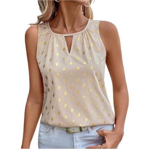 SweatyRocks Women's Polka Dots Sleeveless Blouses Cut Out Crew Neck Dressy Flowy Tops (Gold, L)