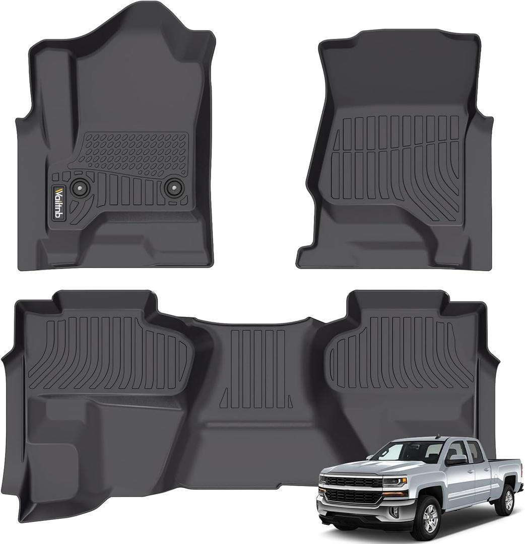 Wailtnb-Mats for Chevrolet Silverado/GMC Sierra 1500 2014-2018 (Double Cab) Silverado Legacy/Sierra LD 2019, 2500/3500 HD 2015-2019 Floor Mat All Weather Floor Liner Car Mat for Silverado Custom Fit