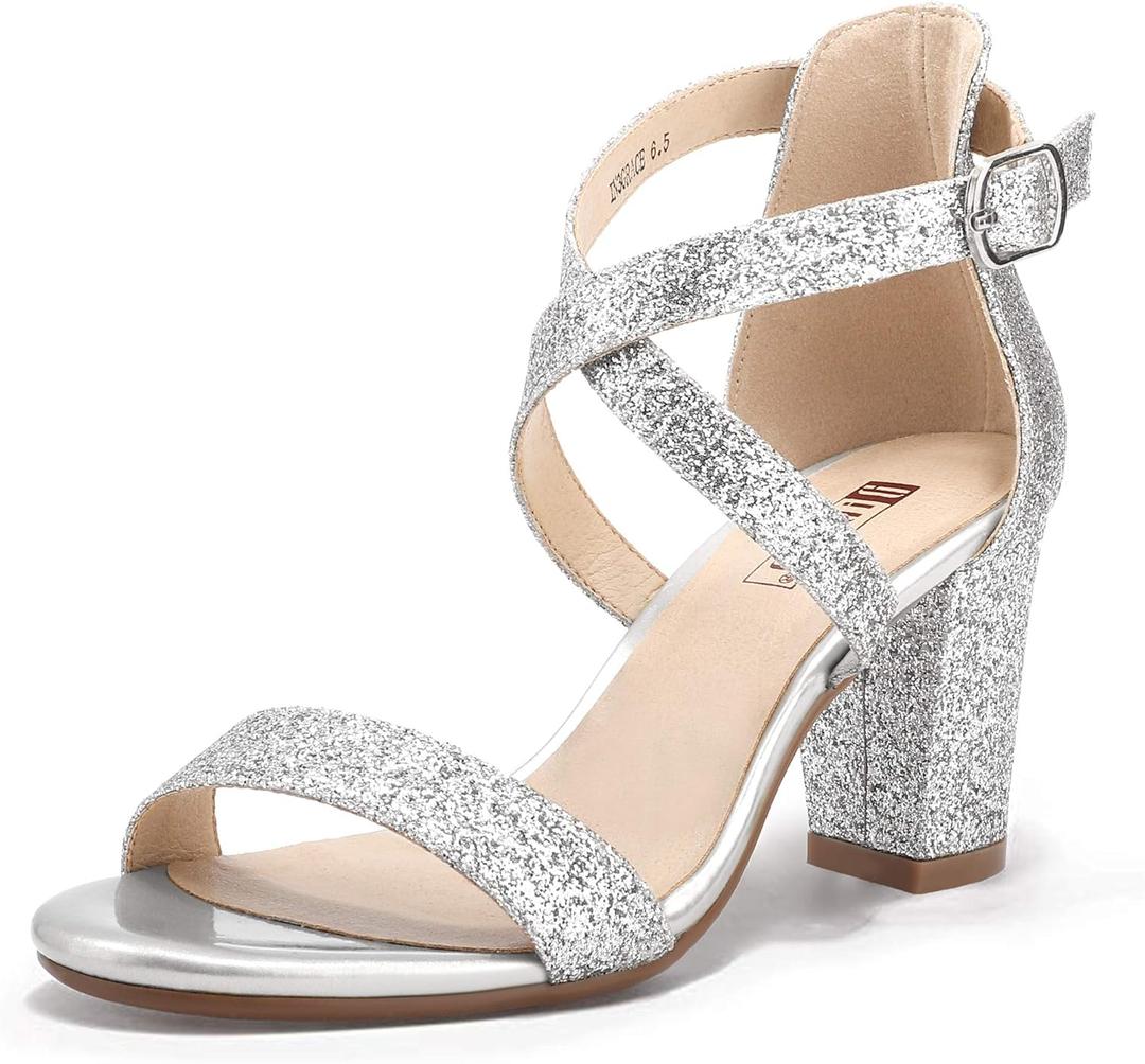 IDIFU Women's IN3 Grace Strappy Block Heels Sandals Comfy Open Toe Chunky Dress Wedding Shoes with Adjustable Cross Strap (7.5)