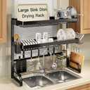 3 Tier Extra Large Stainless Steel Expandable Over The Sink Dish Drainer Drying Rack, Rust Proof Metal, Space Saving, Modern Black Big Capacity Extendable Plate Strainers Above Kitchen Counter, L X 12" W X 31.5" H