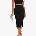Pink Queen Women's Dresses Crew Neck Sleeveless Cutout Side Slit Bodycon Midi Party Dress Black S