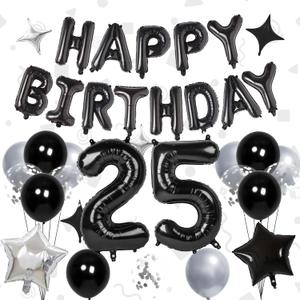 32 Inch 25 Balloon Numbers, Happy Birthday Balloons Banner 16 Inch Foil Letters Balloon Silver and Black Star Balloons for 25th Birthday Decorations for Boys Black Party Decorations