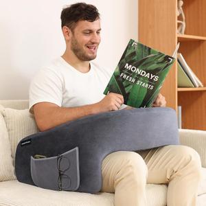 OMOTON Reading Pillow for Lap Desk, Upgrade Extra Large Gaming Pillow for Adult, Perfectly Fitting Your Body Memory Foam Arm Rest Pillow for Reading, Working, Playing in Bed Sofa (Deep Grey)