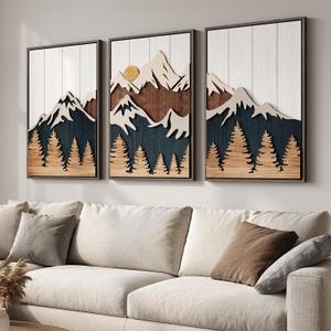 Framed Textured Wood Mountain Wall Art for Living Room, Large 3 Piece 3D Wood Farmhouse Artwork for Walls, Boho Landscape Mountain Forest Sun Wall Art Decor for Bedroom Office Hallway, 24x36 Inch, 24" W x 36" H x 3Pcs