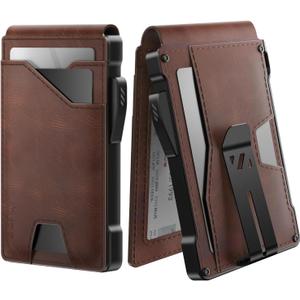 Typecase Tactical Wallet for Men Card Holder: Pop Up Card Case, Genuine Leather, Smart, RFID Blocking, Slim, Minimalist, Thin, Front Pocket - 9-13 Card Capacitiy, ID Window, Money Clip (Brown)