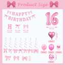 Pink Bow 16th Birthday Decorations for Girls, Sweet Bow Themed Happy Birthday Party Supplies Set Including Happy Birthday Banner, Number 16 Foil Balloons, Sweet Bow Balloons and Hanging Swirls