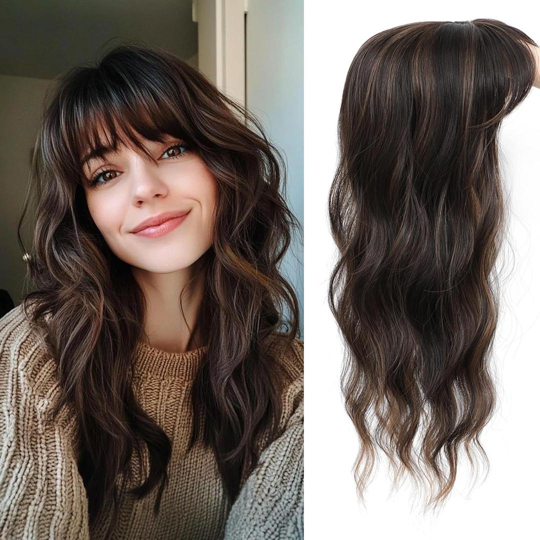 Hair Topper, 360 3D Hair Toppers for Women with Thinning Crown, 18 Inch Long Wavy Curly Hair Pieces Clip in Bangs (Dark Brown Mixed Chestnut, 18 inch, French Bangs)