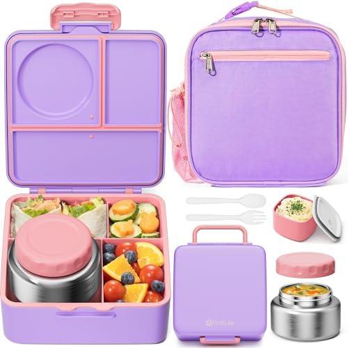 Fimibuke Bento lunch Box Set for Kids Adult with 8oz Insulated Food Jar, Lunch Bag & Sauce Cup, Leakproof Dishwasher Safe Toddler Lunch Food Container with 3-4 Compartment for School Girls Boys