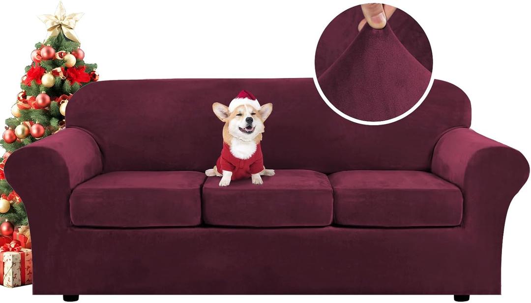 H.VERSAILTEX Modern Velvet Plush 4 Piece High Stretch Sofa Slipcover Sofa Cover Furniture Protector Form Fit Luxury Thick Velvet Sofa Cover for 3 Cushion Couch Width Up to 90 Inch(Sofa,Burgundy)