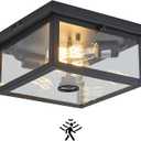 Adjustable Motion Sensor Ceiling Light Fixture Outdoor Modern Design of Squares Flush Mount 2-Light Textured Black with Clear Glass for Your Porch,Garage,Patio,Hallway,Front and Back Yards
