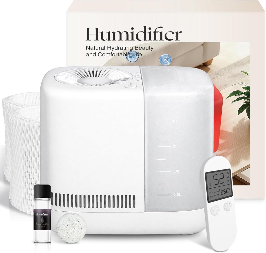 Evaporative Humidifier for Bedroom (No Mist)  Dishwasher Safe, No White Dust, Smart Remote with Sensor, Red Sleep Light, White Noise, Nursery Humidifier with 2.5L Tank, 2 Filters & Aroma Kit