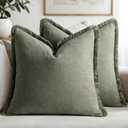MIULEE Decorative Throw Pillow Covers Neutral Linen Fringe Throw Pillows Set of 2 Light Olive Green Boho Farmhouse Cushion Covers for Couch Sofa Bed Living Room Spring Home Decor 20x20 Inch