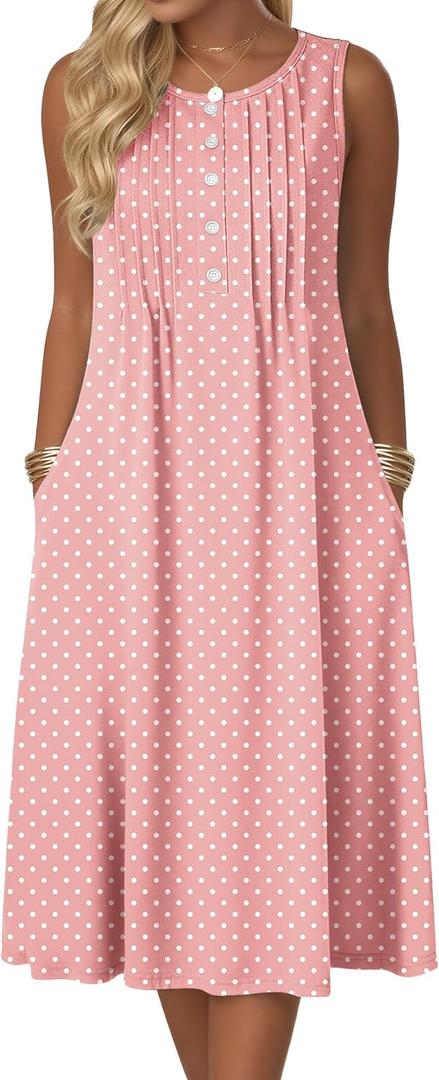 Zeagoo Summer Dresses for Women Flowy Aline Casual Midi Tank Dress Beach Boho Vacation Sundresses Shift Dress with Pockets (Large, Pink Dot)