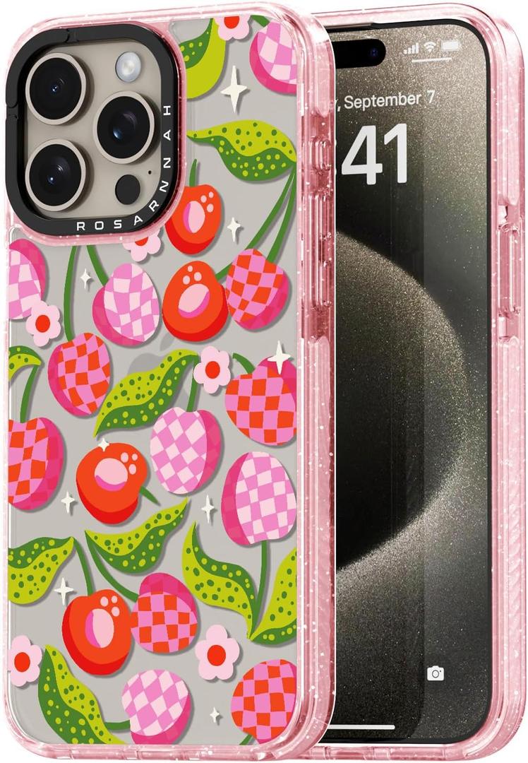 for iPhone 15 Pro Case Cute - Durable Shockproof 6.6 ft Drop Impact Phone Case - Funny Plaid Cherry Design (6.1") Glitter Pink