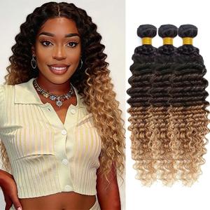 Ombre 3 Tone Brown and Honey Blonde Color Human Hair Bundles Deep Wave Bundles Brazilian Unprocessed Virgin Human Hair Quick Weave Extensions (3 Bundles 26 28 30 Inch 300g T1B/4/27 Color)