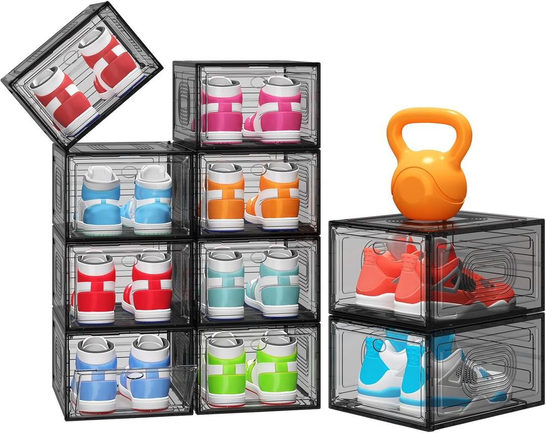 StorBin 10 Pack Shoe Organizer, Stackable Shoe Box with Magnetic Door, Foldable Space-Saving Shoe Storage for Closet, Entryway, Under Bed, Durable Shoe Cabinet & Rack
