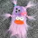 Purple Furry Ugly Phone Case for iPhone 16 Pro, Cute DIY Long Hair Funny Thick Mouth Warm Plush Cases, 3D Cartoon Silly Fuzzy Winter Protective Cover for Women Girls