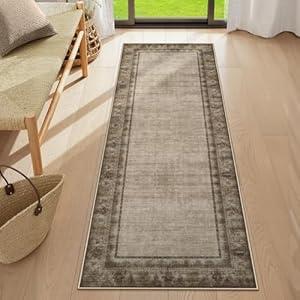 LIVEBOX 2x6 Washable Kitchen Runner Rugs, Non-Slip Bordered Modern Hallway Runners, Ultra-Thin Vintage Bathroom Entryway Rug, Carpet for Living Room Laundry Bedroom Decor (Brown, 2x6ft)
