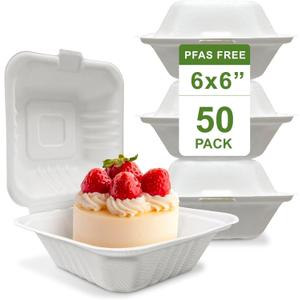 [50 COUNT]Harvest Pack 6 X 6" White Compostable Clamshell Food Containers, To go food container Heavy-Duty Hinged Container, Disposable Bagasse Eco-Friendly Natural Takeout to go Box