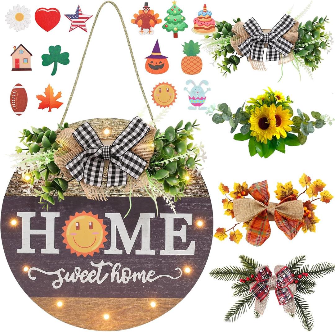 Interchangeable Seasonal Welcome Sign Front Door Decoration with 4 Seasonal Wreaths and LED Light, Rustic Round Wood Wreaths Wall Hanging Outdoor, Farmhouse Front Door Decoration Home Dcor
