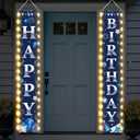 Breling Happy Birthday Banner with Lights 71 x 12 Inch LED Happy Birthday Decoration Door Banner Party Porch Sign Outdoor Indoor Hanging Supplies for Women Men(Blue Silver)