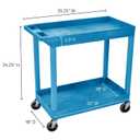 Luxor EC11-BU Plastic Utility Tub Cart with Two Shelves 2.5" Deep Each, 400 lbs. Weight Capacity, Ergonomic Push Handle, Blue