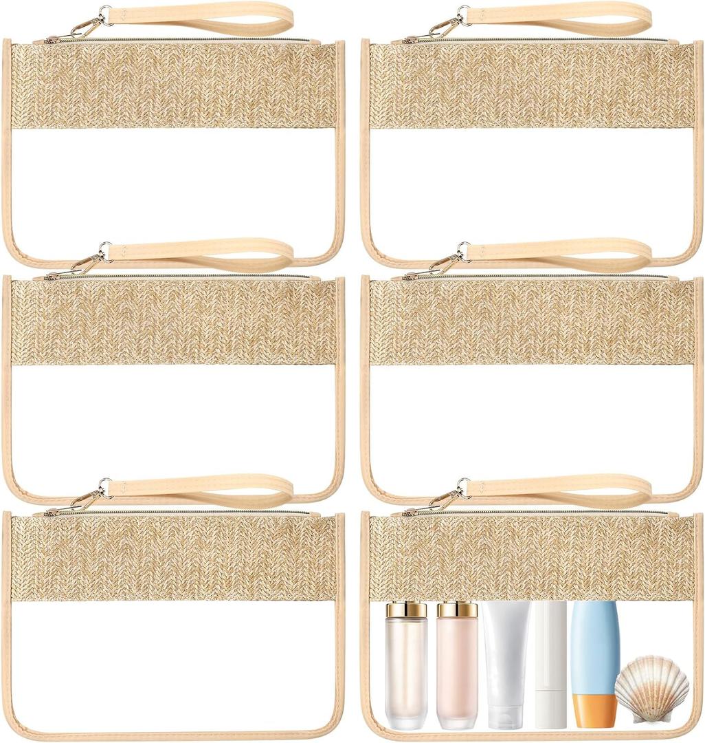 Kajaia 6 Pcs Boho Clear Cosmetic Bags Flat Zipper Pouches for Women Small Toiletry Makeup Bag Waterproof Cosmetic Pouch Clear Zipper Pouches Portable Organizer Makeup Pouch for Travel(Boho Beige)