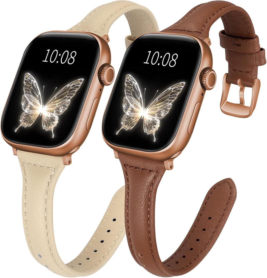 2 pack Slim Leather Bands Compatible with Apple Watch Band 38mm/40mm/41mm/42mm (series 11 10) Women,Top Layer Genuine Leather Strap for iWatch Series 11/10/9/8/7/6 5/4/3/2/1/SE/Ultra