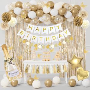 White and Gold Birthday Party Decorations Kit for Women Girls, Gold White Sand Confetti Foil Balloons Happy Birthday Banner Fringe Curtains Butterfly Garland Baptism Communion Supplies