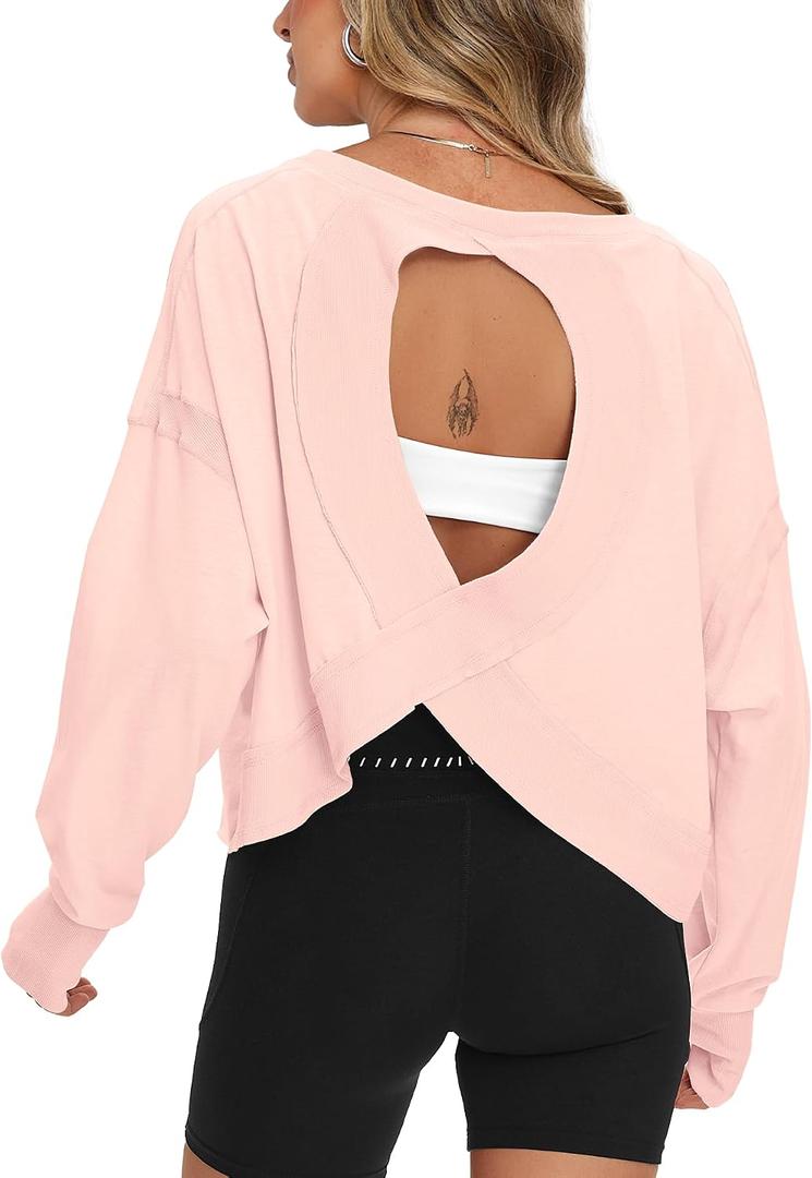 Darong Women's Open Back Athletic Shirt | Open back, Oversized, Crop length, Thumb Holes, Long sleeve, Loose fit, Y2k yoga, Athletic shirts (Pink, L)