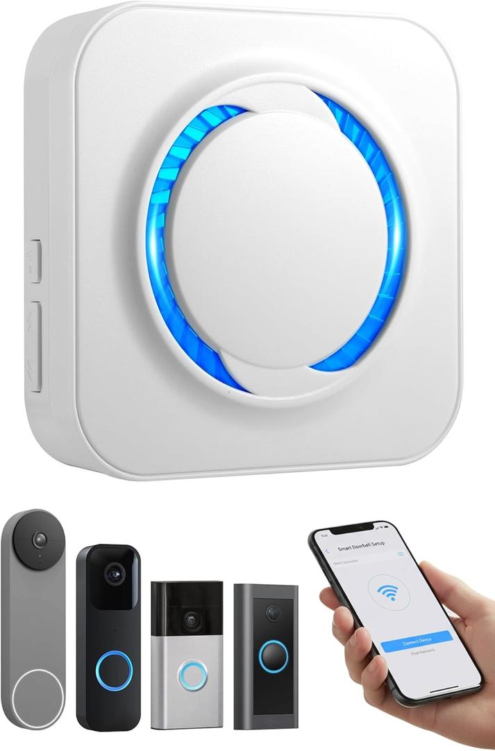 Wireless Doorbell Chime Extender for Ring Blink Google Nest, Wi-Fi Smart Doorbell Booster with No Wiring Required & No Range Limits, Compatible with Alexa App-Connected, 5 Volumes 58 Chimes (White)