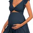 Charmo Ribbed Maternity One Piece Swim Dress Pregnancy Swimsuit with Built-in Bottom Swimwear Twist Front Skirt Bathing Suit, Navy, L