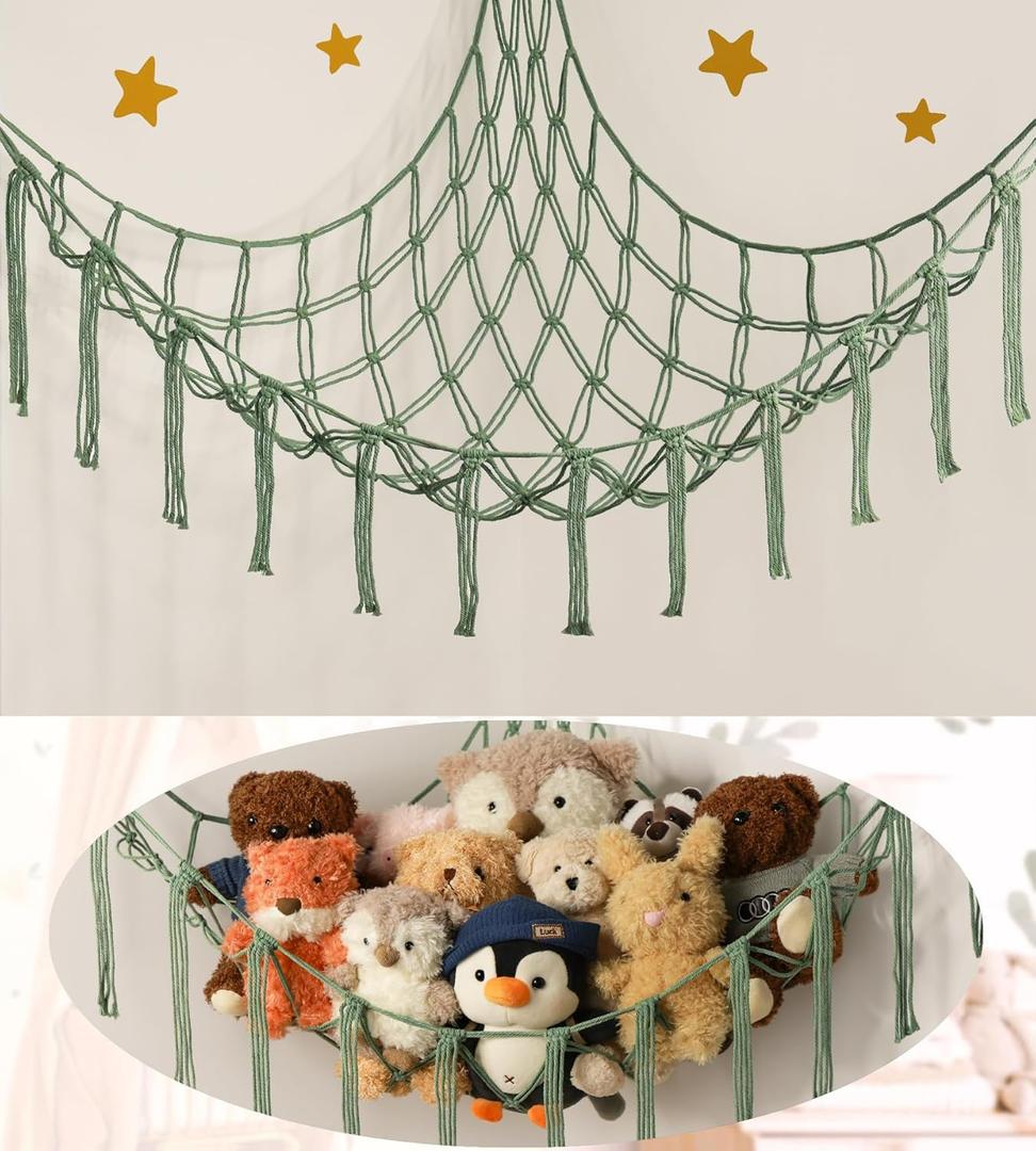Stuffed Animal Hammock - Large Stuffed Animal Net Corner - Hanging Stuff Animal Storage Organizer For Plush Plushie Display Room Bedroom Boho Decor (Standard(41.5"L x 55.2"W x 41.5"H), Olive Green)
